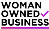 The words "Woman Owned Business" in capital letters with a pink checkmark to the right and a bold pi